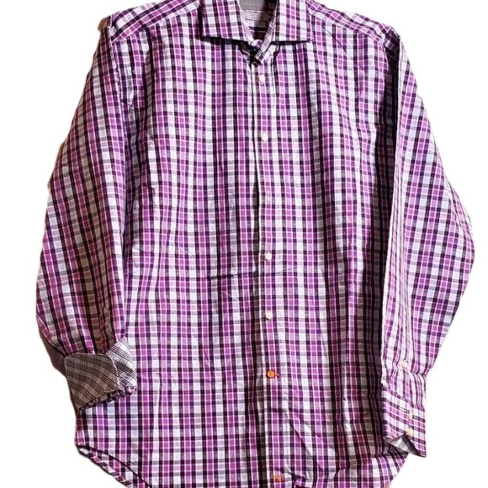 Thomas Dean Men's Button-Up Flip Cuff Plaid Dress Shirt Classic Fit